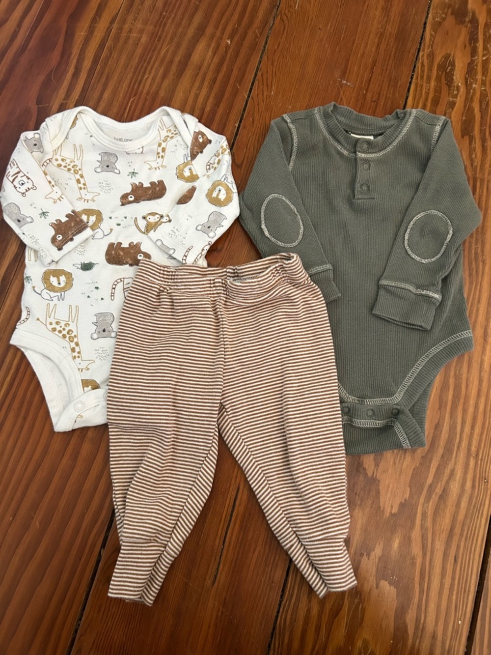 Neutral Safari Animal Bodysuit, Olive Henley Bodysuit & Tan Stripe Pants Set